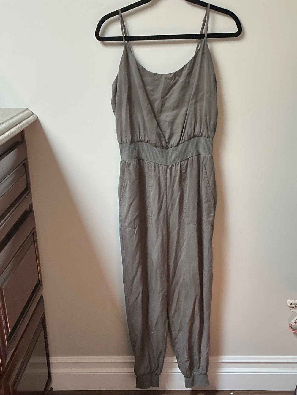 Anthropologie Olive Jumpsuit with Smocked Waist and Cuffed Ankles